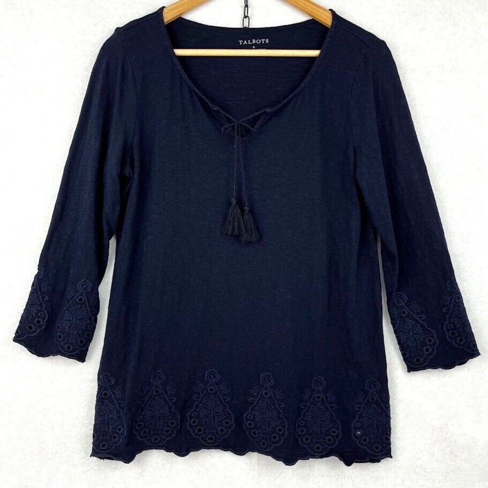 TALBOTS 100% Cotton Solid‎ Dark Blue 3/4 Sleeve Embroidered Detail Pullover Top